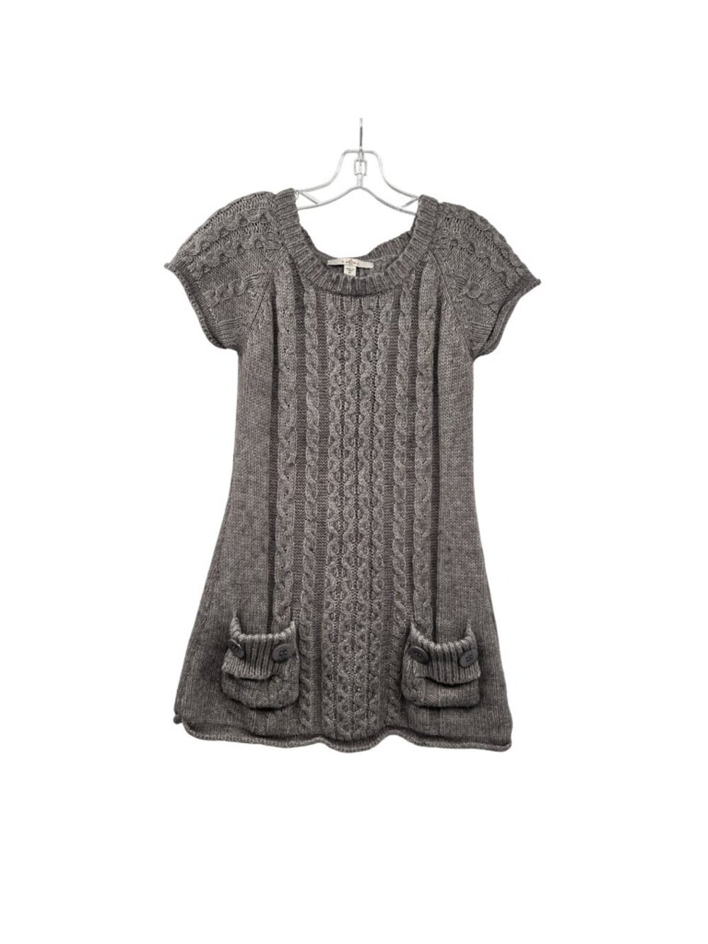 Fever Womens Mini Sweater Dress Cable Knit Short Sleeve Gray Size Medium Pockets